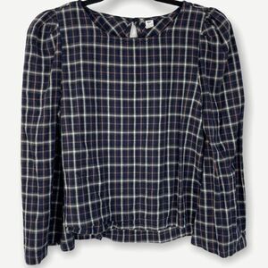 BP 3/4 Bell Sleeve Plaid Peplum Puff Shoulder Top